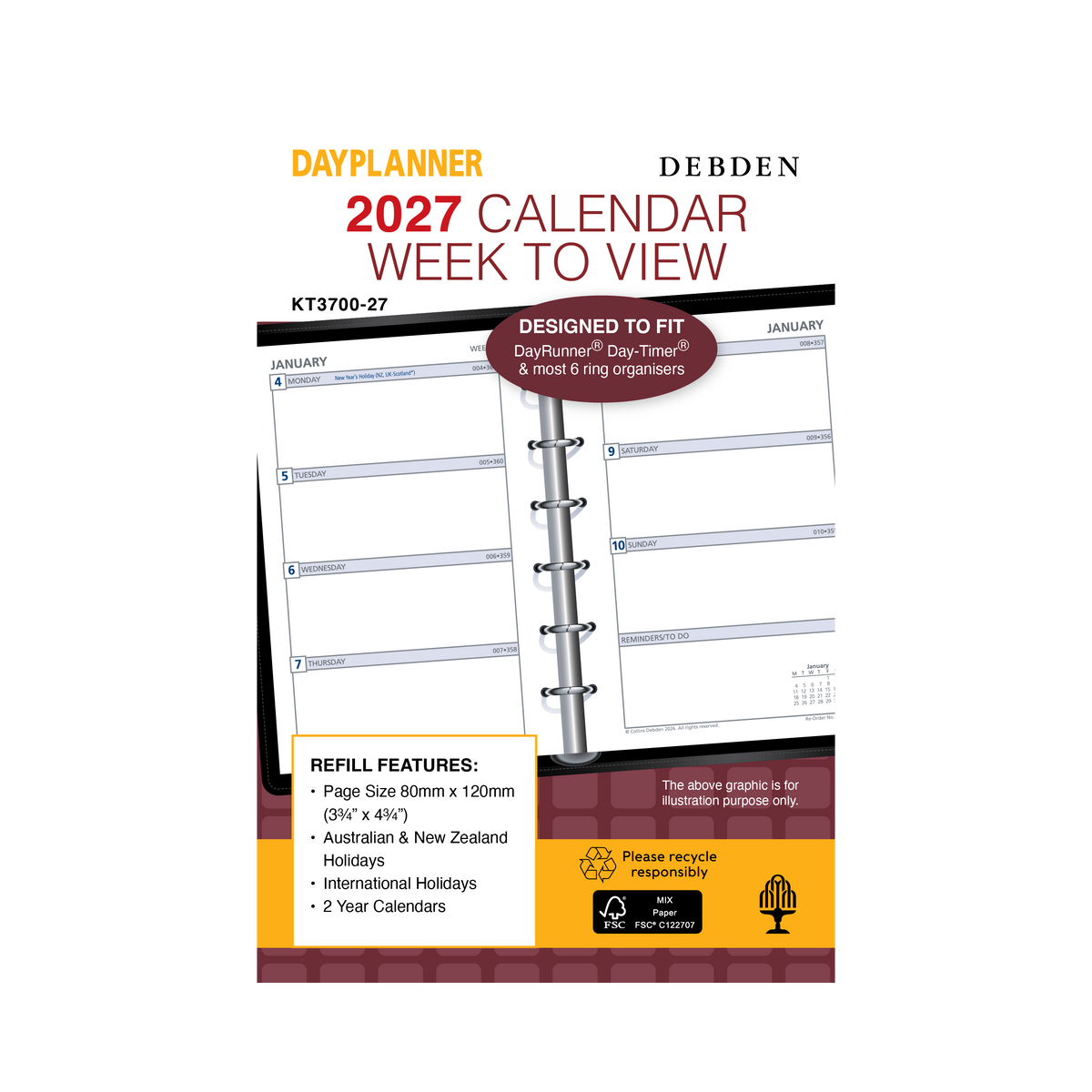 2027 Calendar Year Diary/Planner - 12 Month Pocket Week to View - Refill - Collins Day Planners Range