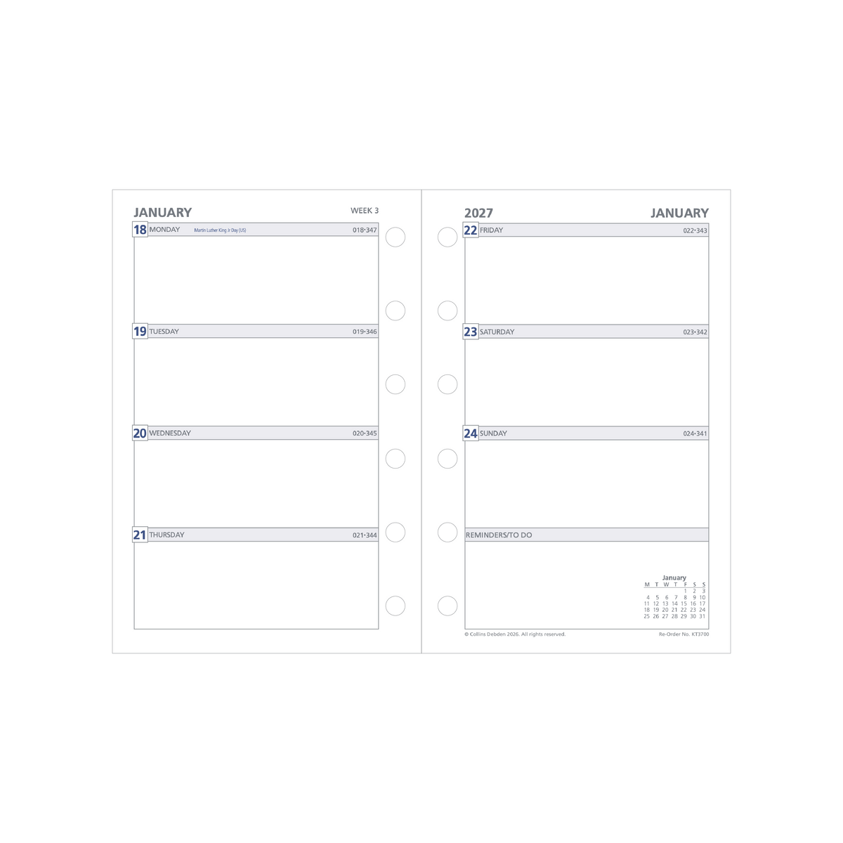 2027 Calendar Year Diary/Planner - 12 Month Pocket Week to View - Refill - Collins Day Planners Range