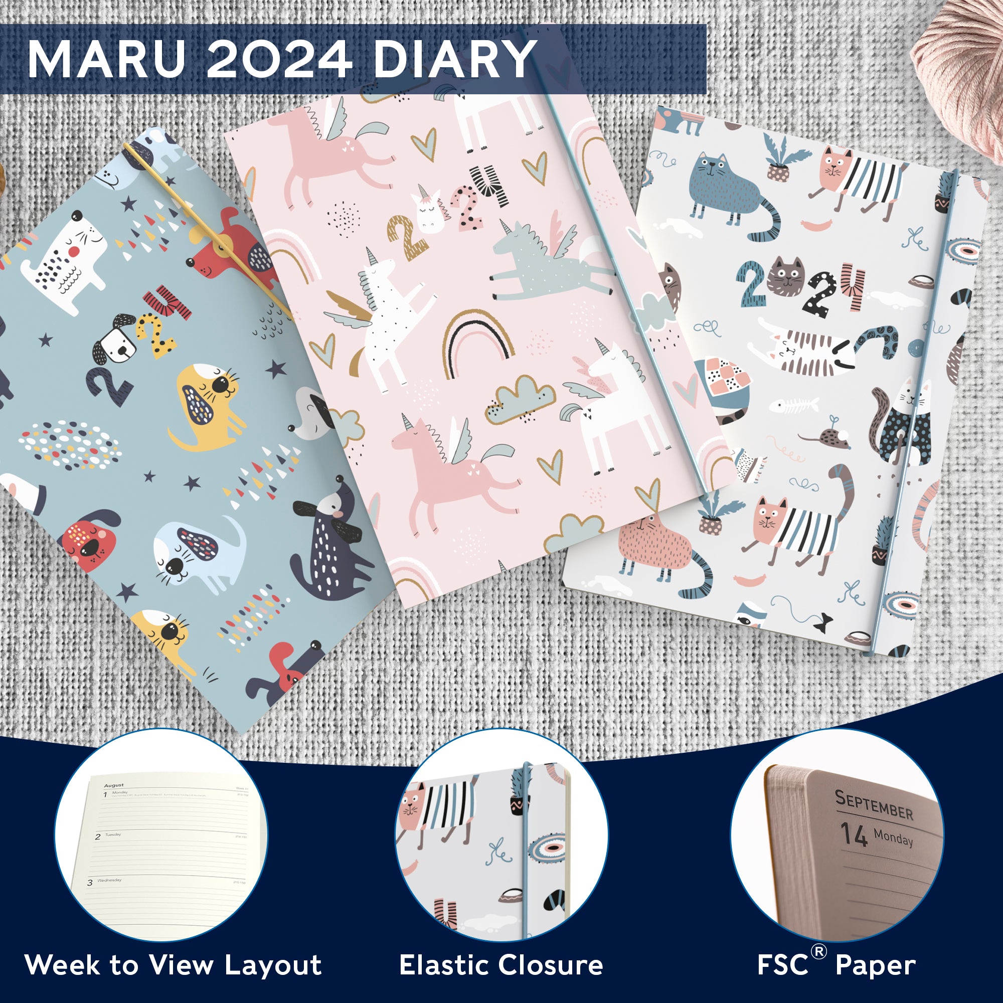 Maru 2024 Diary - Week to View (Cat Design), Size A5