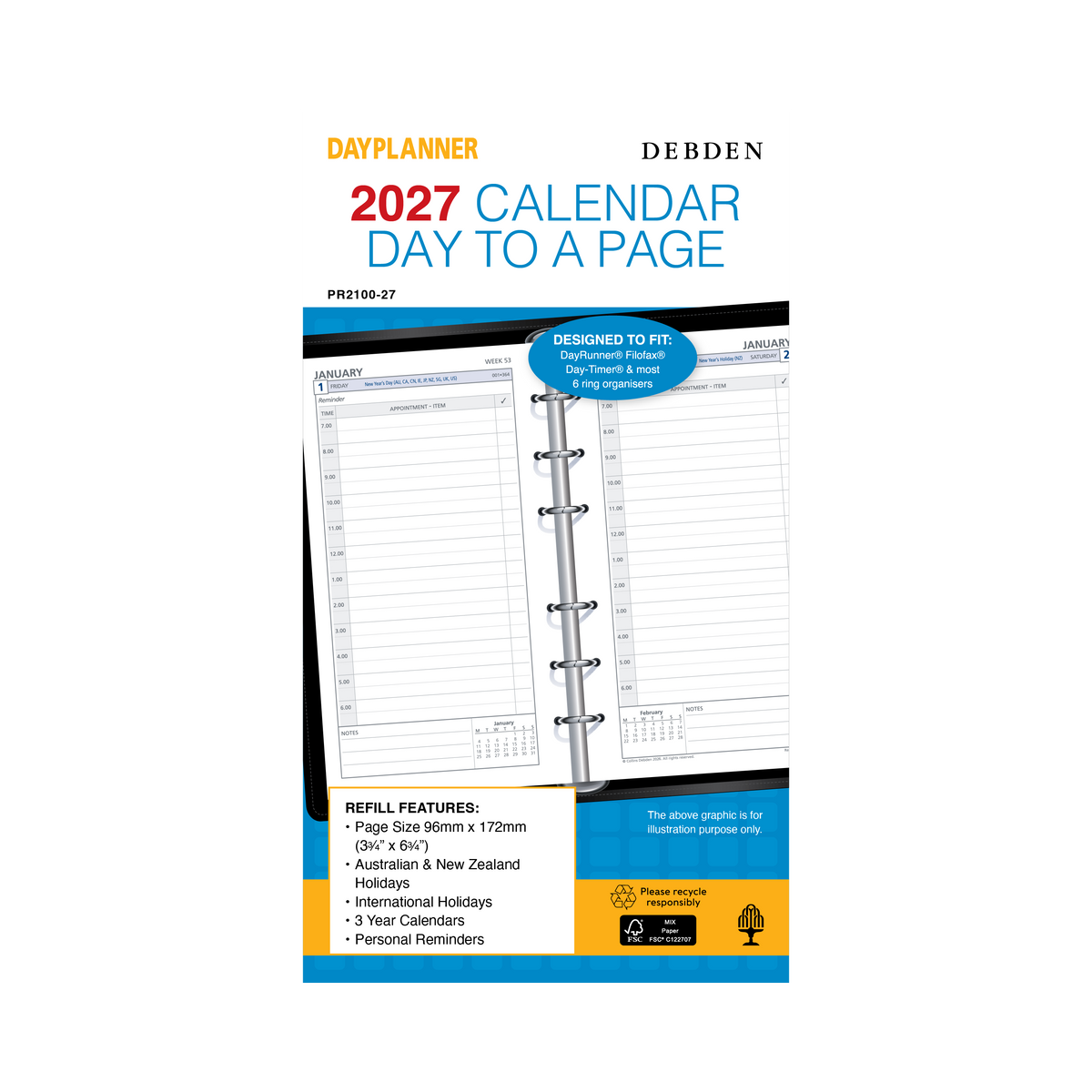 2027 Calendar Year Diary/Planner - 12 Month Personal Day to Page - Refill - Collins Day Planners Range