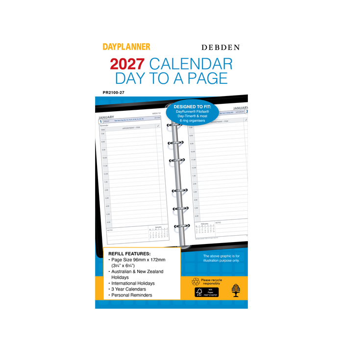 2027 Calendar Year Diary/Planner - 12 Month Personal Day to Page - Refill - Collins Day Planners Range