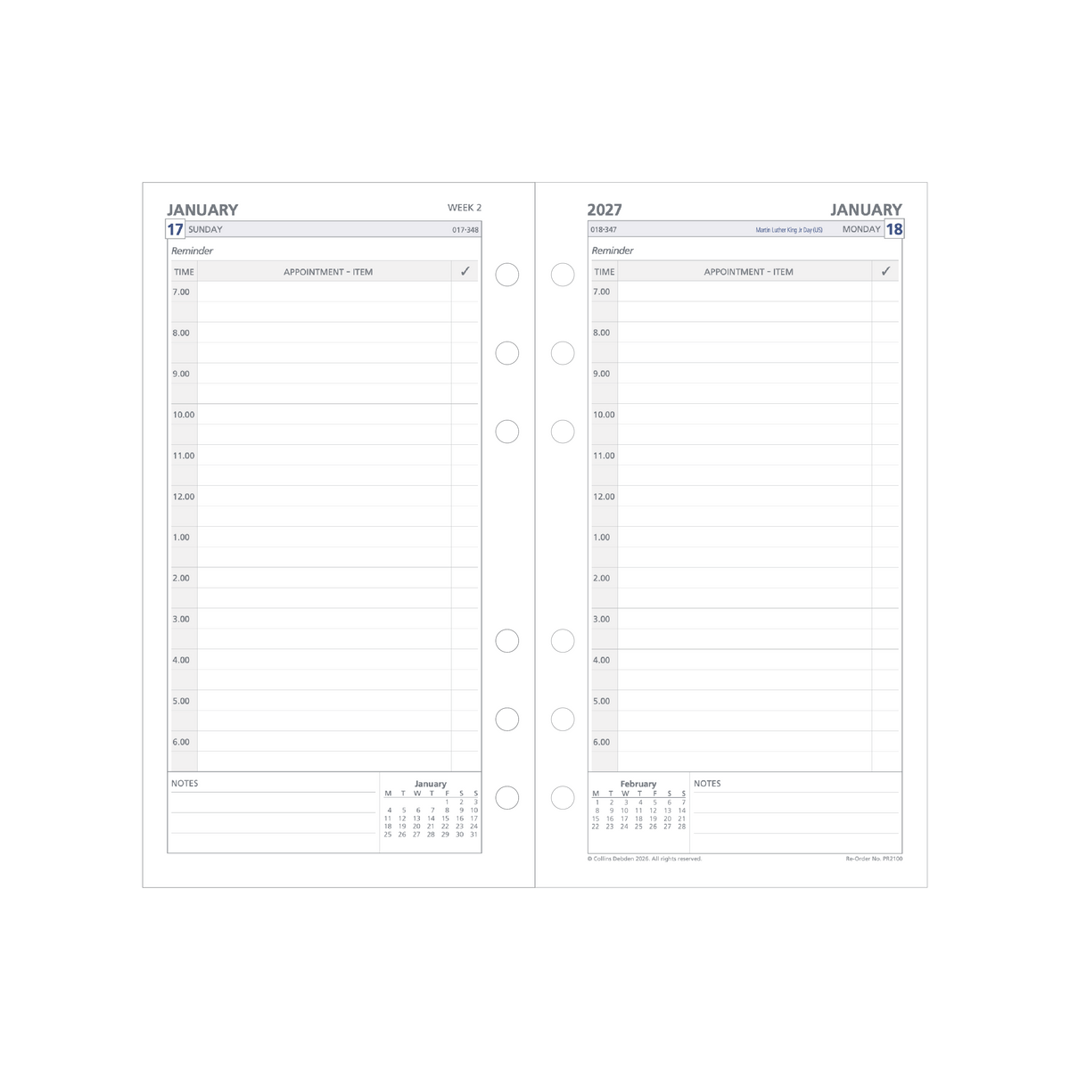 2027 Calendar Year Diary/Planner - 12 Month Personal Day to Page - Refill - Collins Day Planners Range