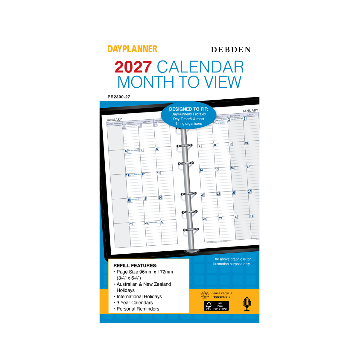 2027 Calendar Year Diary/Planner - 12 Month Personal Month to View - Refill - Collins Day Planners Range