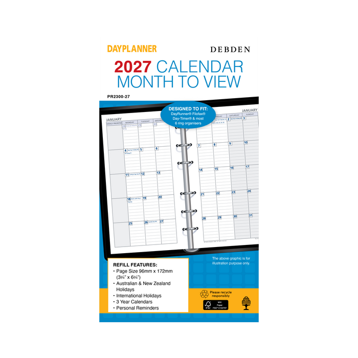 2027 Calendar Year Diary/Planner - 12 Month Personal Month to View - Refill - Collins Day Planners Range