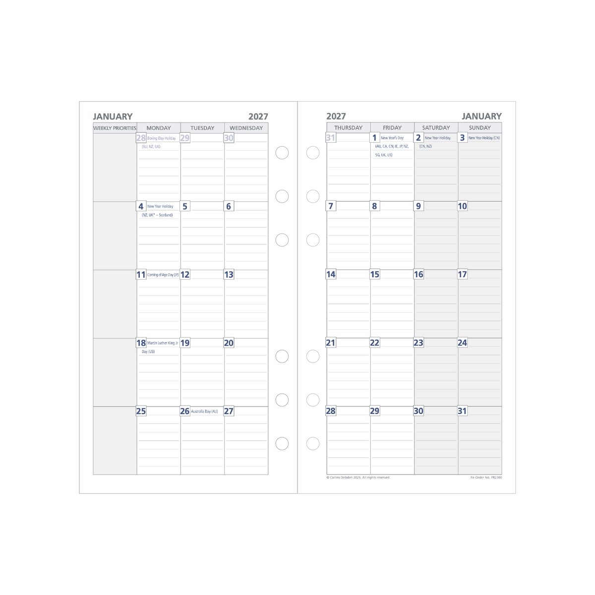 2027 Calendar Year Diary/Planner - 12 Month Personal Month to View - Refill - Collins Day Planners Range