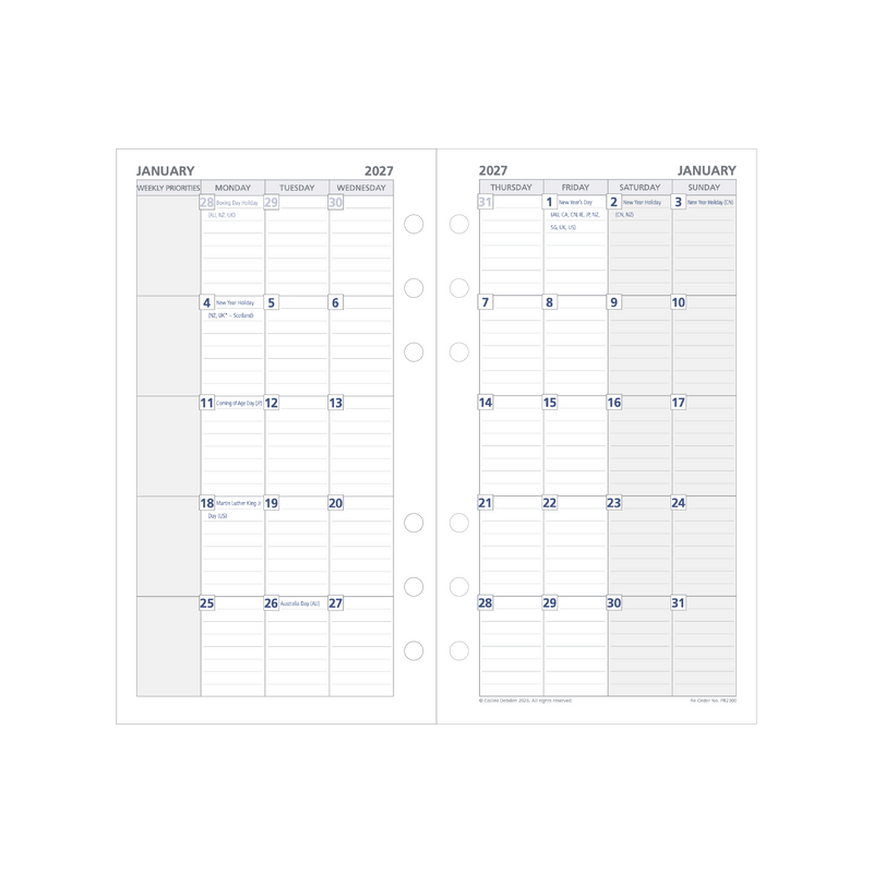 2027 Calendar Year Diary/Planner - 12 Month Personal Month to View - Refill - Collins Day Planners Range
