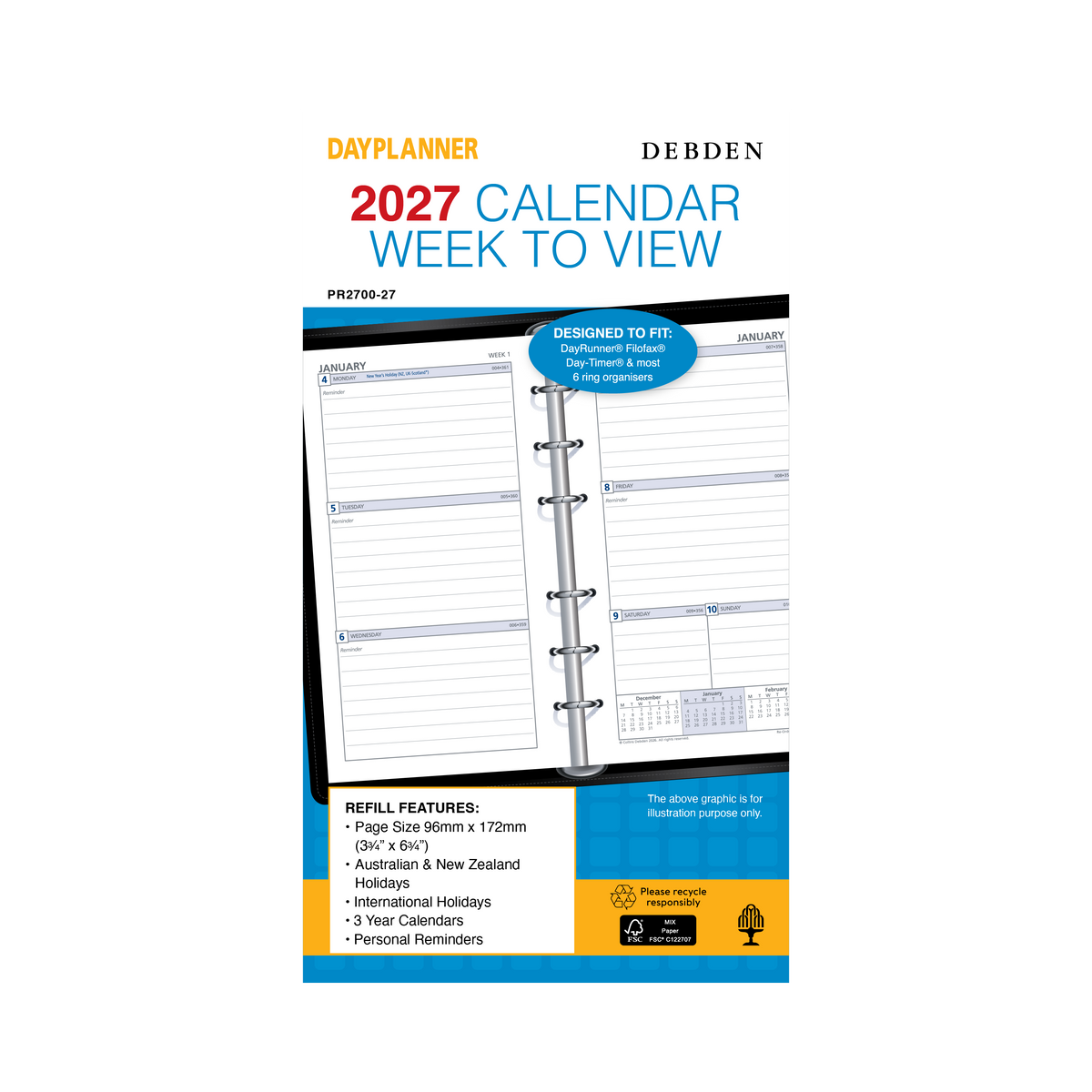 2027 Calendar Year Diary/Planner - 12 Month Personal Week to View Ruled - Refill - Collins Day Planners Range