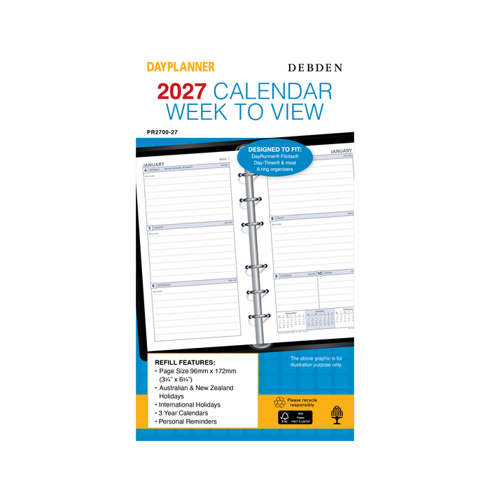2027 Calendar Year Diary/Planner - 12 Month Personal Week to View Ruled - Refill - Collins Day Planners Range