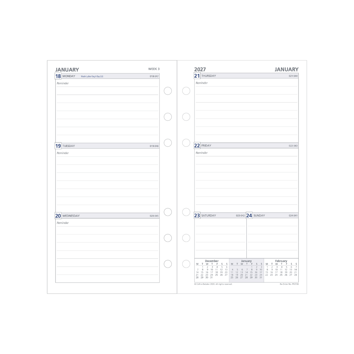 2027 Calendar Year Diary/Planner - 12 Month Personal Week to View Ruled - Refill - Collins Day Planners Range