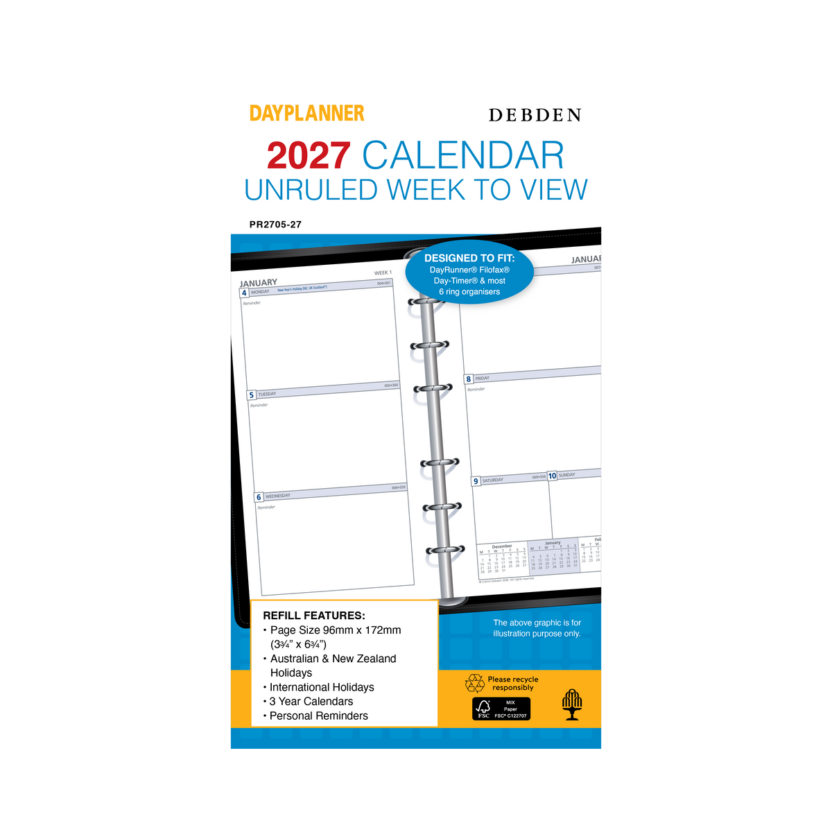 2027 Calendar Year Diary/Planner - 12 Month Personal Week to View Unruled - Refill - Collins Day Planners Range