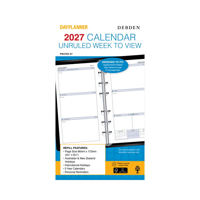 2027 Calendar Year Diary/Planner - 12 Month Personal Week to View Unruled - Refill - Collins Day Planners Range