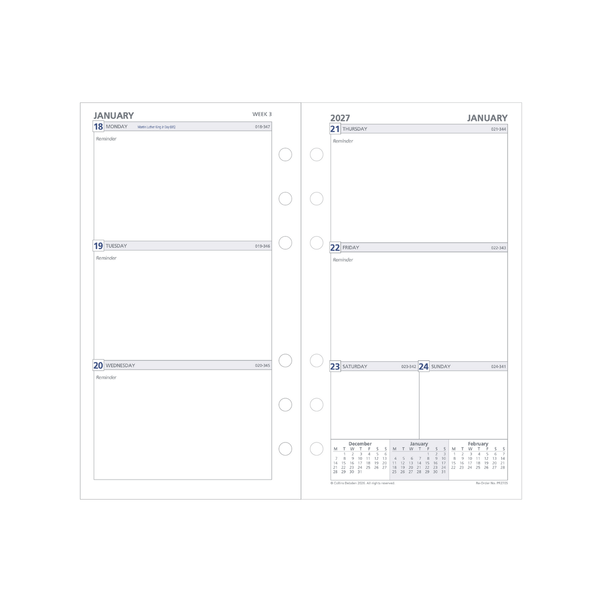 2027 Calendar Year Diary/Planner - 12 Month Personal Week to View Unruled - Refill - Collins Day Planners Range