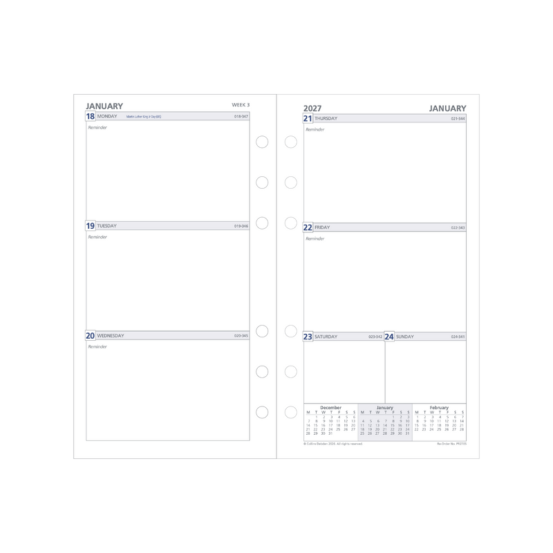 2027 Calendar Year Diary/Planner - 12 Month Personal Week to View Unruled - Refill - Collins Day Planners Range