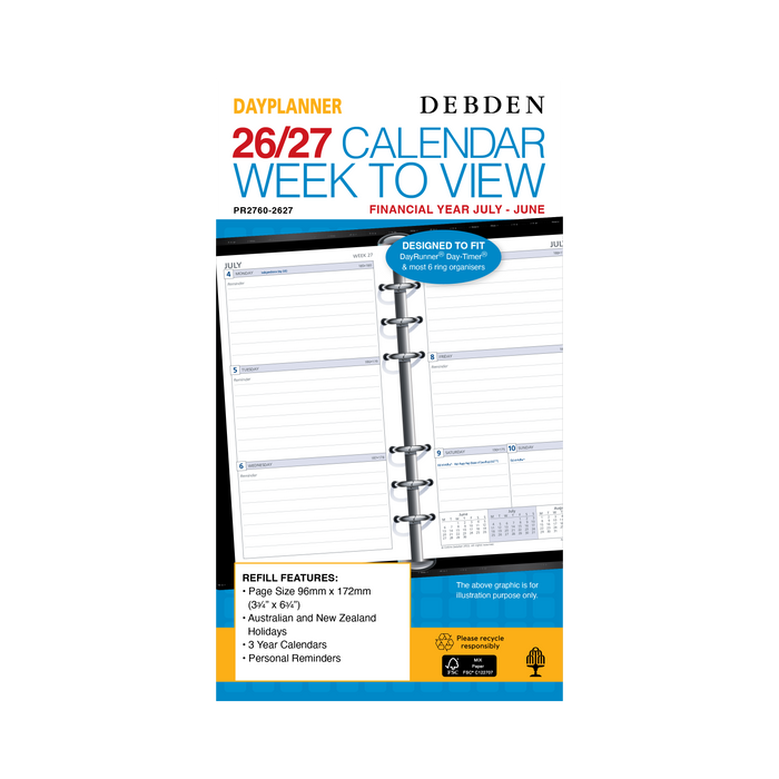 2026 -2027 Financial Year Diary/Planner - 12 Month Personal Week to View Refill - Debden Day Planner Range