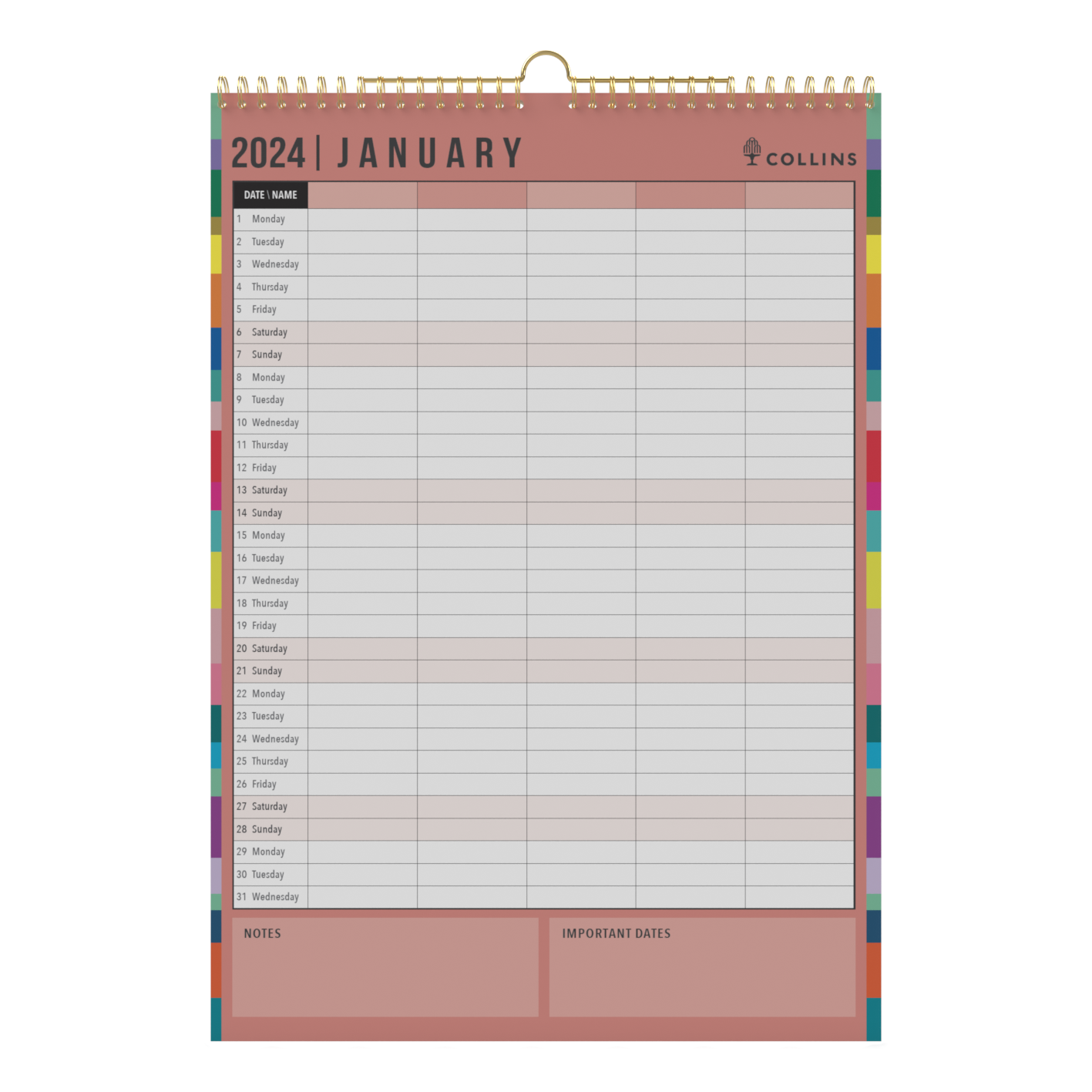 Collins Edge Rainbow Wall Calendar 2024 Month to View, Size A3