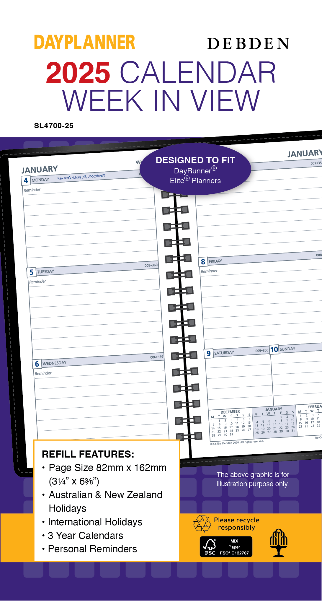 Day Planner - Slim - Week-to-View - 2025 Calendar Year Diary/Planner Refill - With Appointments