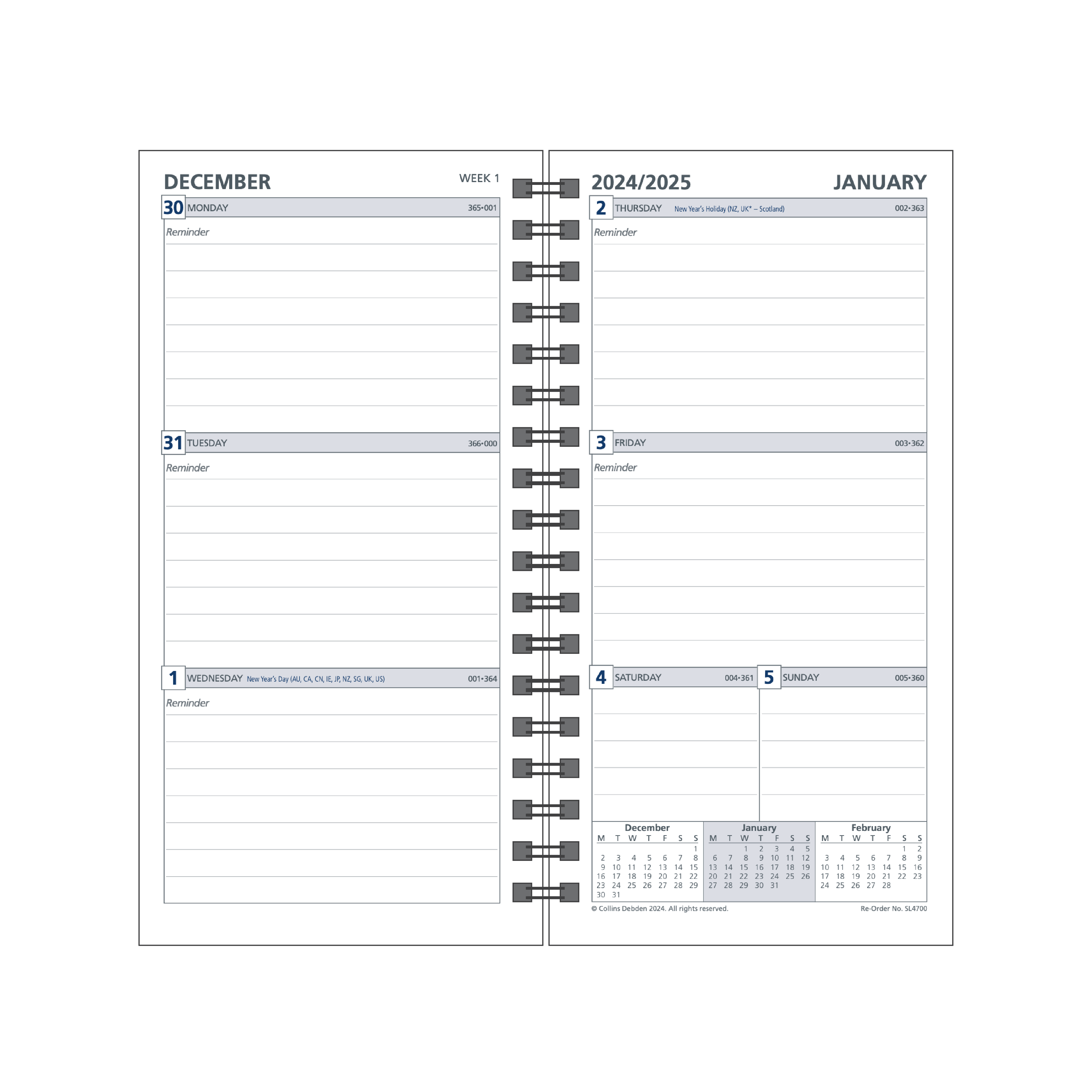 Day Planner - Slim - Week-to-View - 2025 Calendar Year Diary/Planner Refill - With Appointments