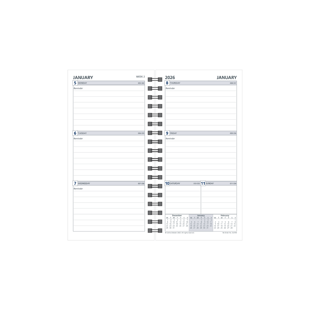 Day Planner Calendar Year 2026 Diary/Planner, Week to View, Slimline Refill