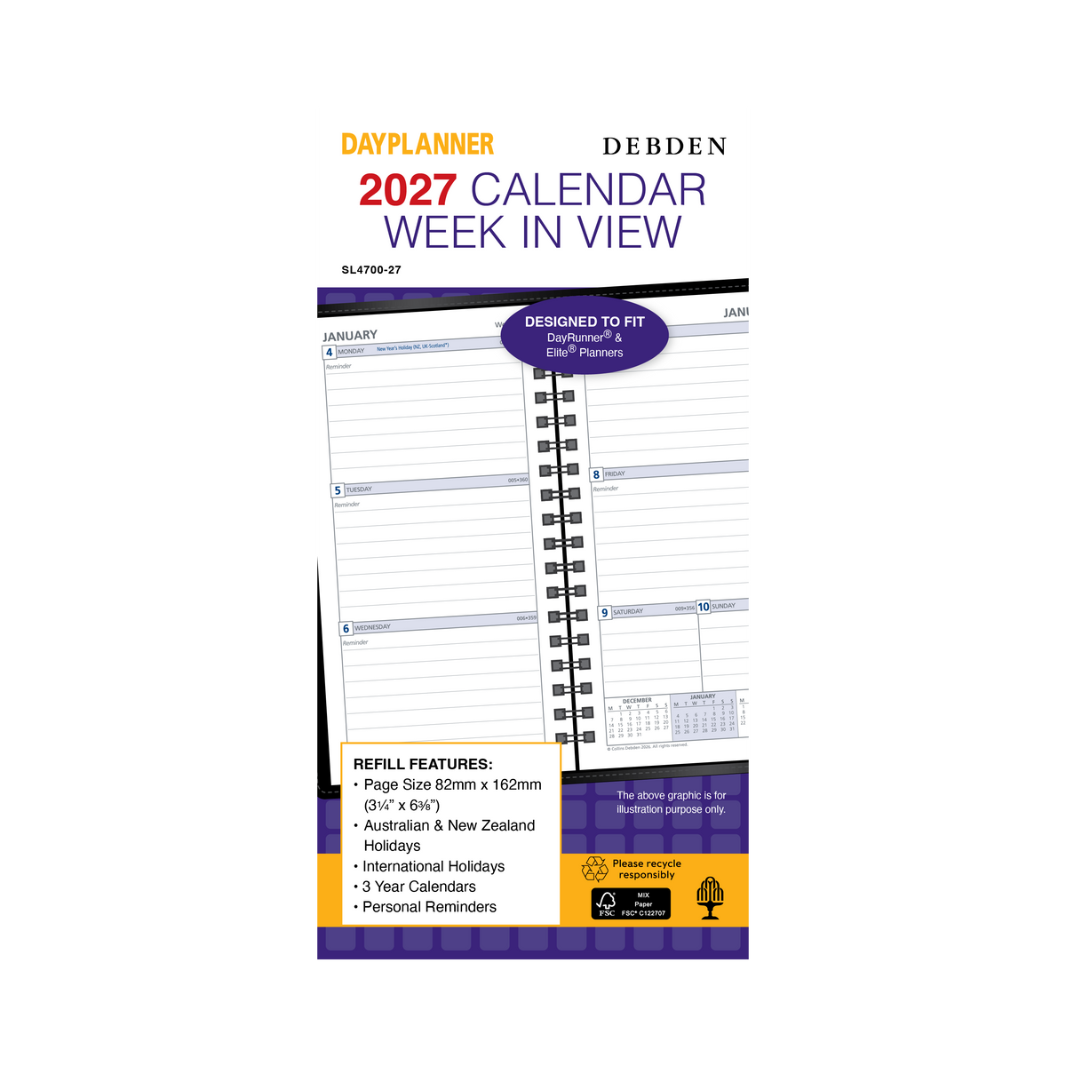 2027 Calendar Year Diary/Planner - 12 Month Slimline Week to View - Refill - Collins Day Planners Range