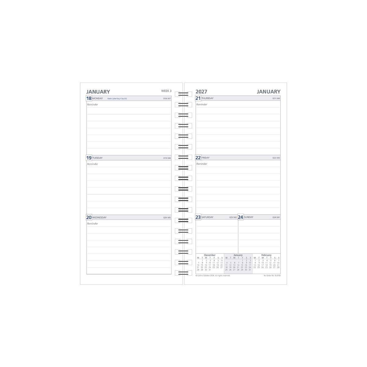 2027 Calendar Year Diary/Planner - 12 Month Slimline Week to View - Refill - Collins Day Planners Range