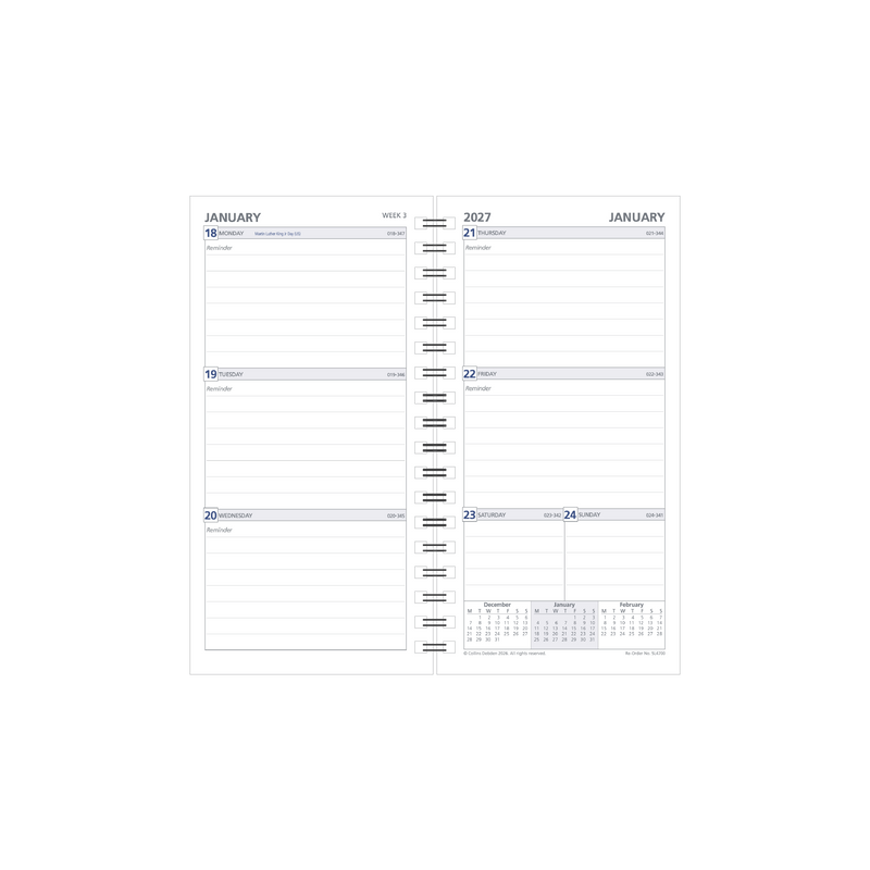 2027 Calendar Year Diary/Planner - 12 Month Slimline Week to View - Refill - Collins Day Planners Range