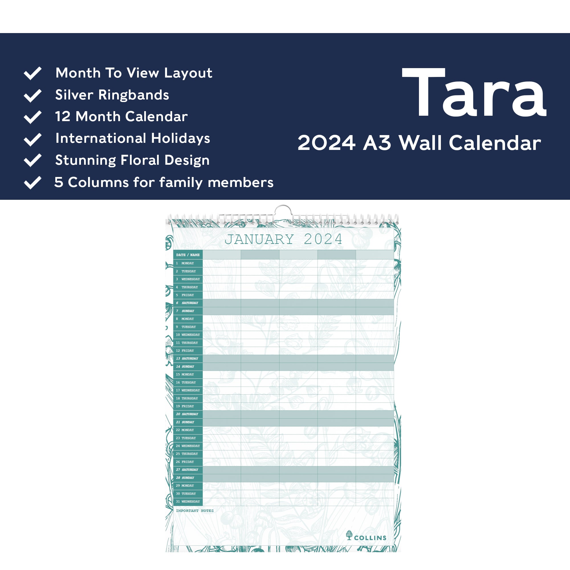 Tara Wall Calendar 2024 - Month to View, Size A3