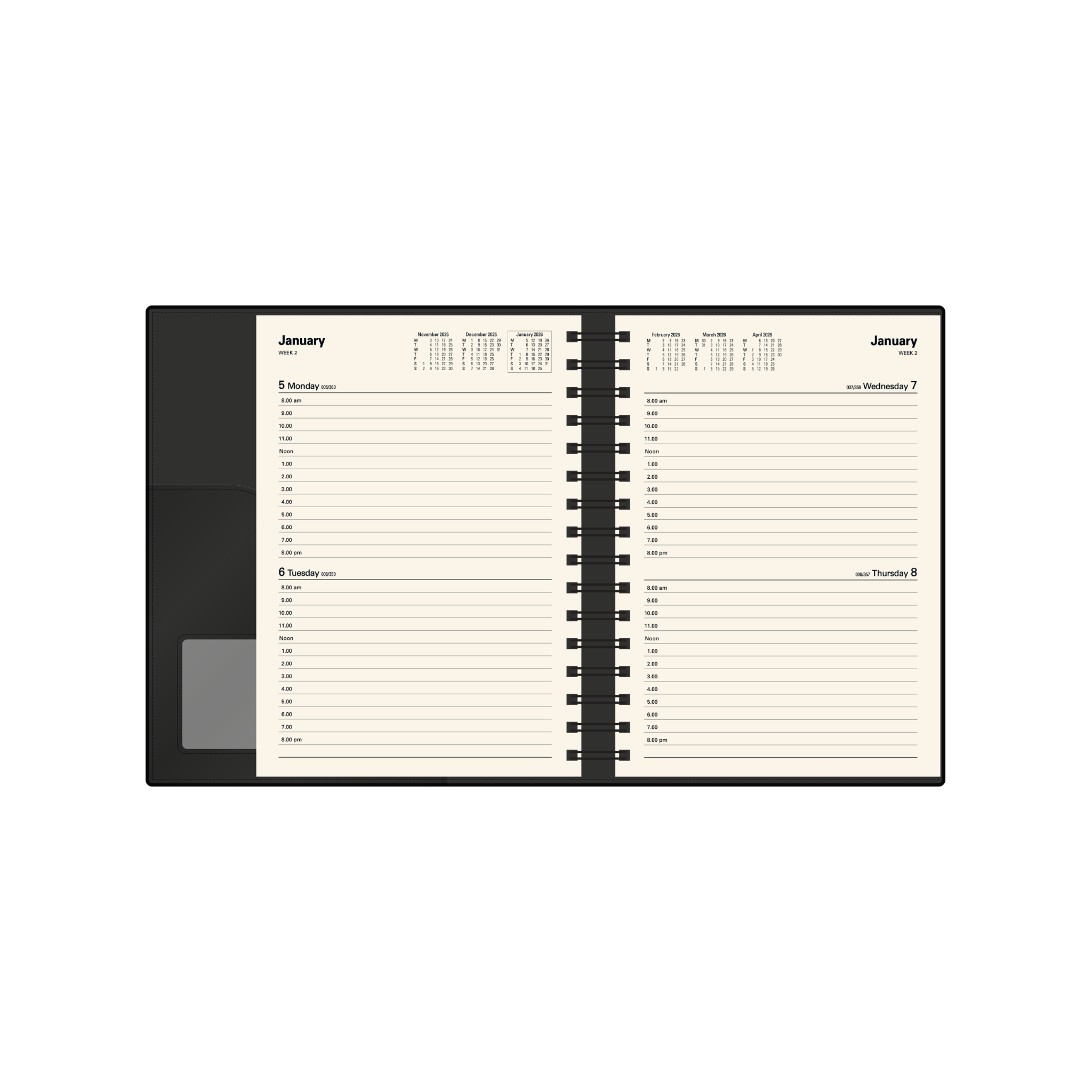 Vanessa Calendar Year 2026 Diary/Planner, 2 Days to a Page, A5 PU Soft Cover