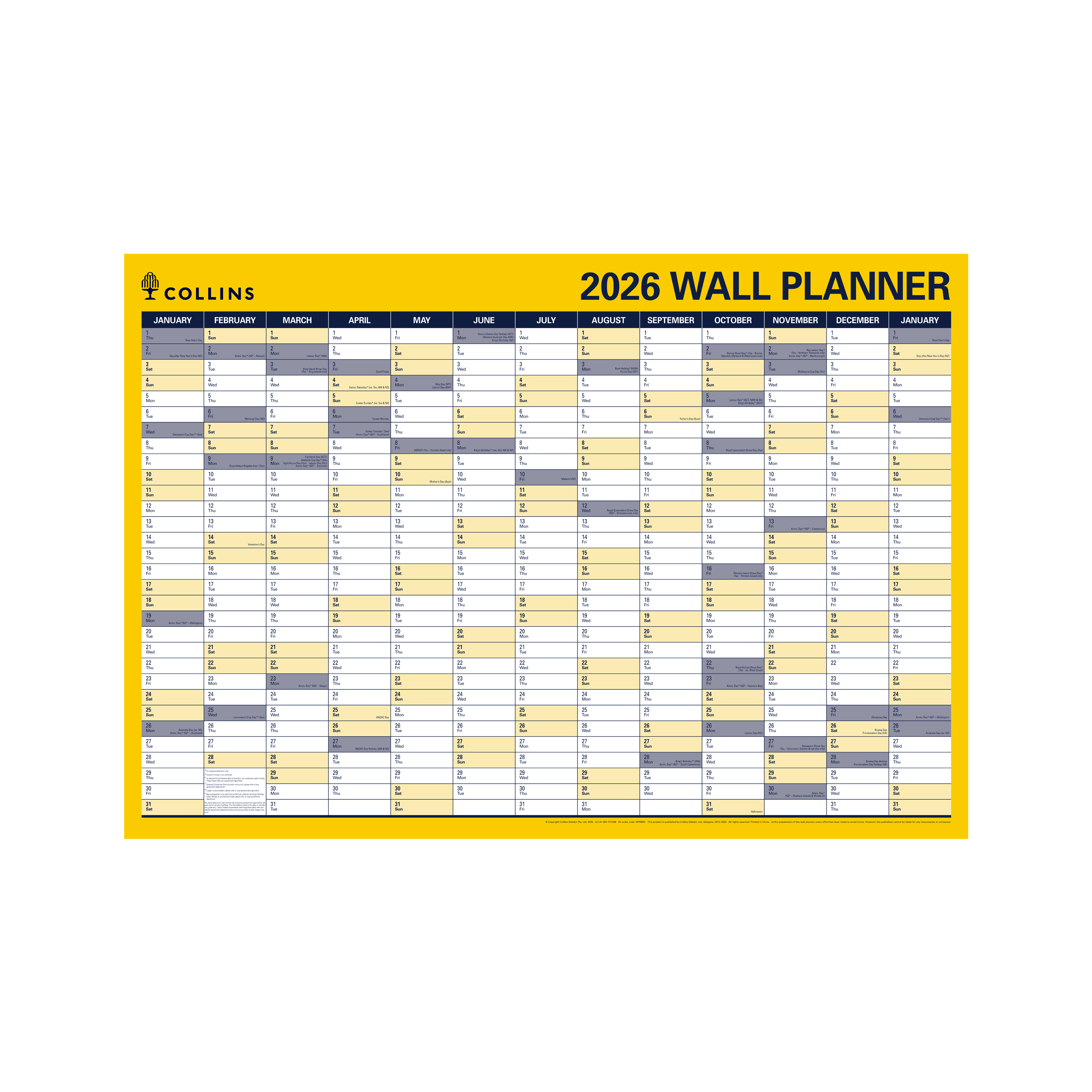 Wall Planner Calendar Year 2026 Diary/Planner, (h700 x w912 mm) Laminated Roll Up Year Planner - Vertical & horizontal