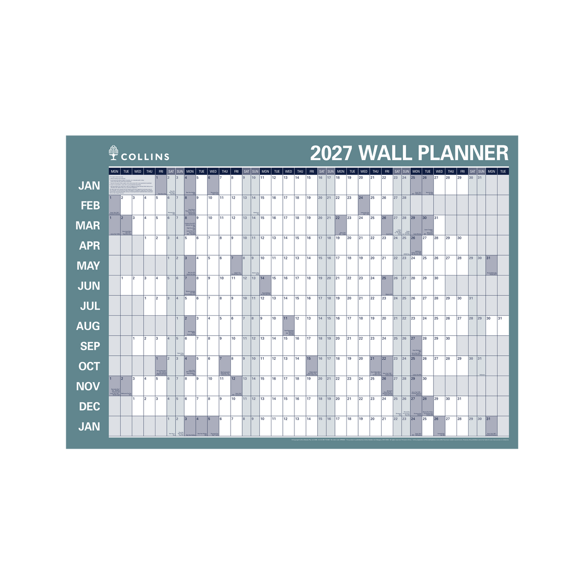 2027 Calendar Year Diary/Planner - 12 Month (h700 x w912mm) - Laminated Wall Planner - Collins Wall Planner Range