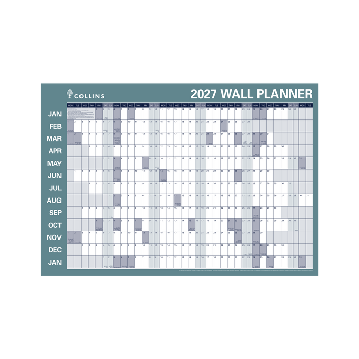 2027 Calendar Year Diary/Planner - 12 Month (h700 x w912mm) - Laminated Wall Planner - Collins Wall Planner Range