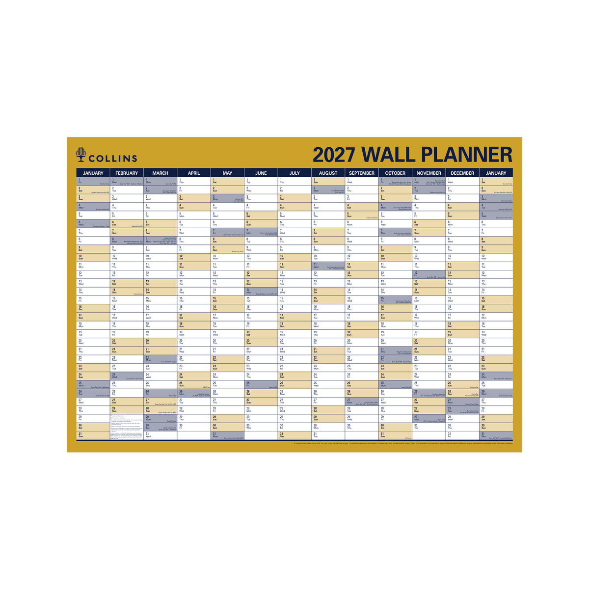 2027 Calendar Year Diary/Planner - 12 Month (h700 x w912mm) - Laminated Wall Planner - Collins Wall Planner Range
