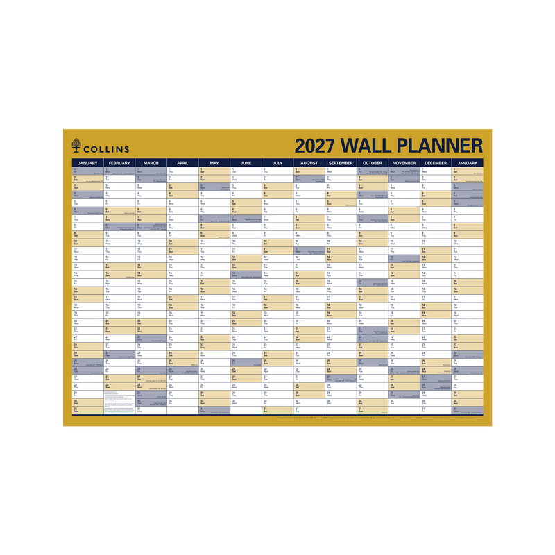 2027 Calendar Year Diary/Planner - 12 Month (h700 x w912mm) - Laminated Wall Planner - Collins Wall Planner Range