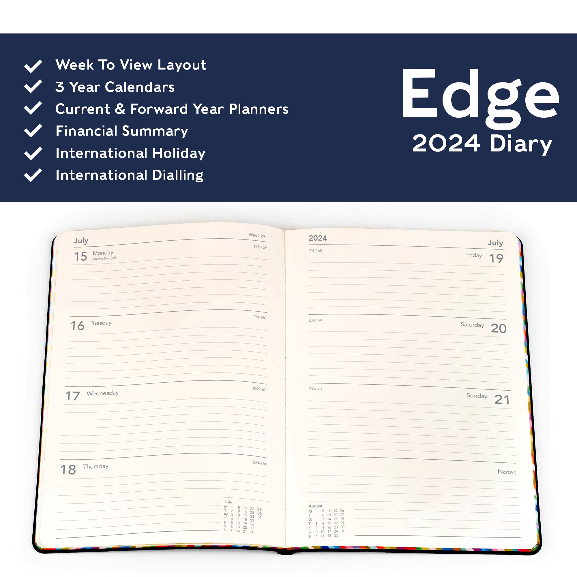 Edge Rainbow 2024 Diary - Week to a View, Size A5